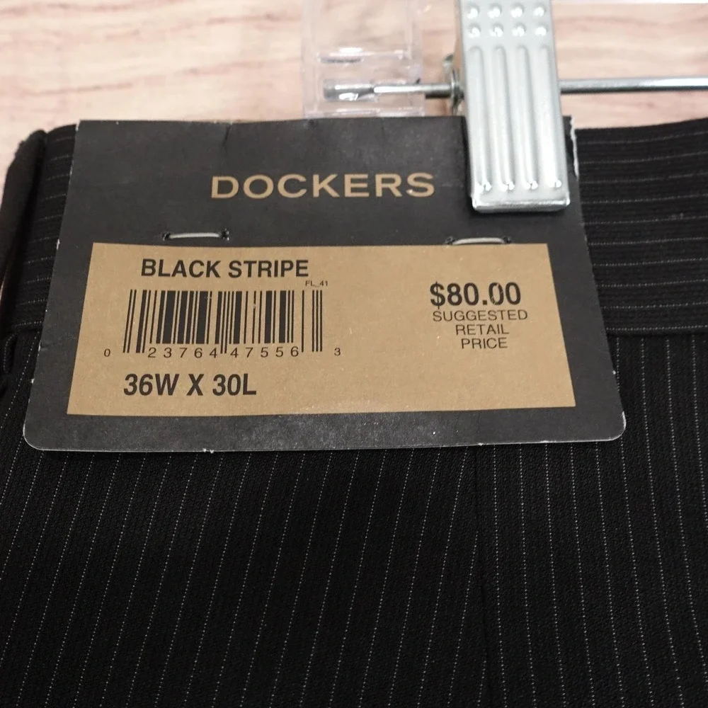 New! Dockers Dress Pants Mens‎ 36x30 Black Stripe Regular Fit Flat Front